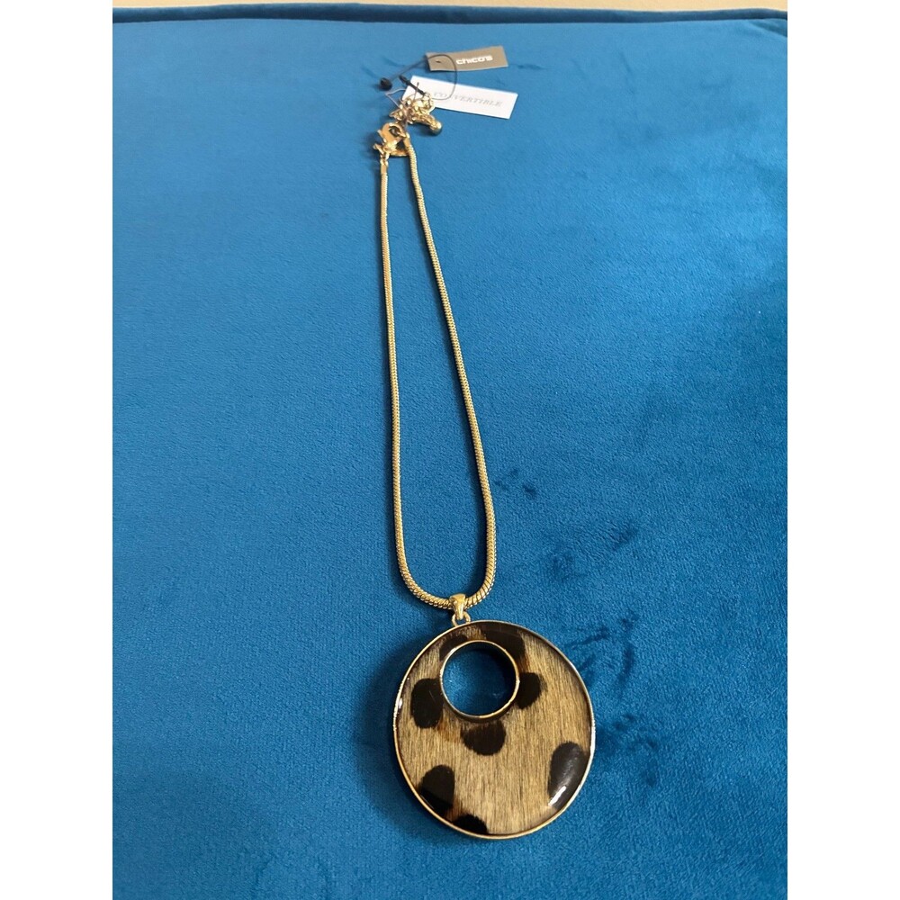 Chicos Necklace Leopard Print Pendant Gold Tone Long 24 Inch